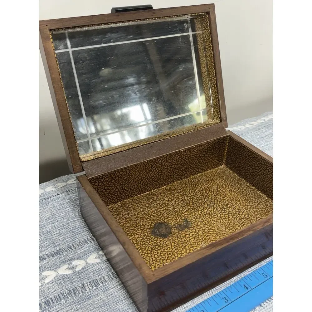Vintage 1970s Wood Jewelry Box Floral Lid Etched Mirror Gold Lined Keepsake